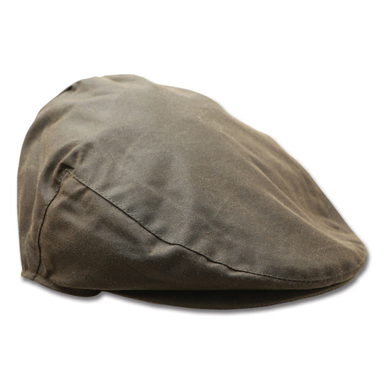 Barbour olive green waxed cotton flat cap with a classic country-style design and water-resistant finish.