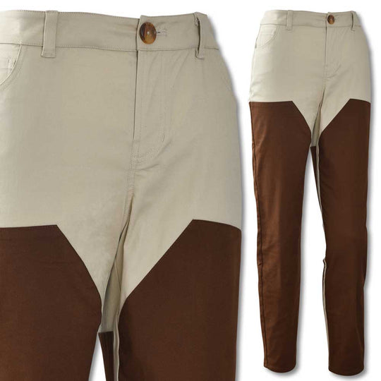 Tan and brown women's stretch briar hunting pants with reinforced double-faced front panels and a mid-rise fit.