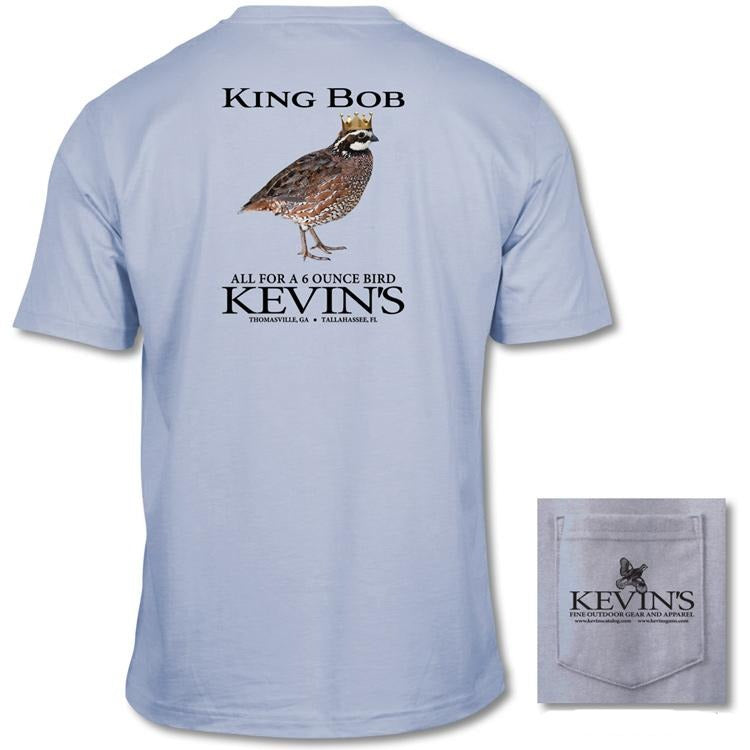 Light blue Comfort Colors cotton t-shirt featuring King Bob quail artwork on the back and a Kevin's logo on the chest pocket.