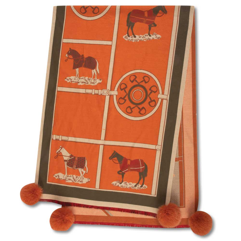 Equestrian Cashmere Wrap with Labon Rabbit Pom Pom’s-Women's Accessories-Orange-Kevin's Fine Outdoor Gear & Apparel