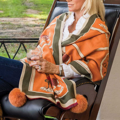 Equestrian Cashmere Wrap with Labon Rabbit Pom Pom’s-Women's Accessories-Orange-Kevin's Fine Outdoor Gear & Apparel