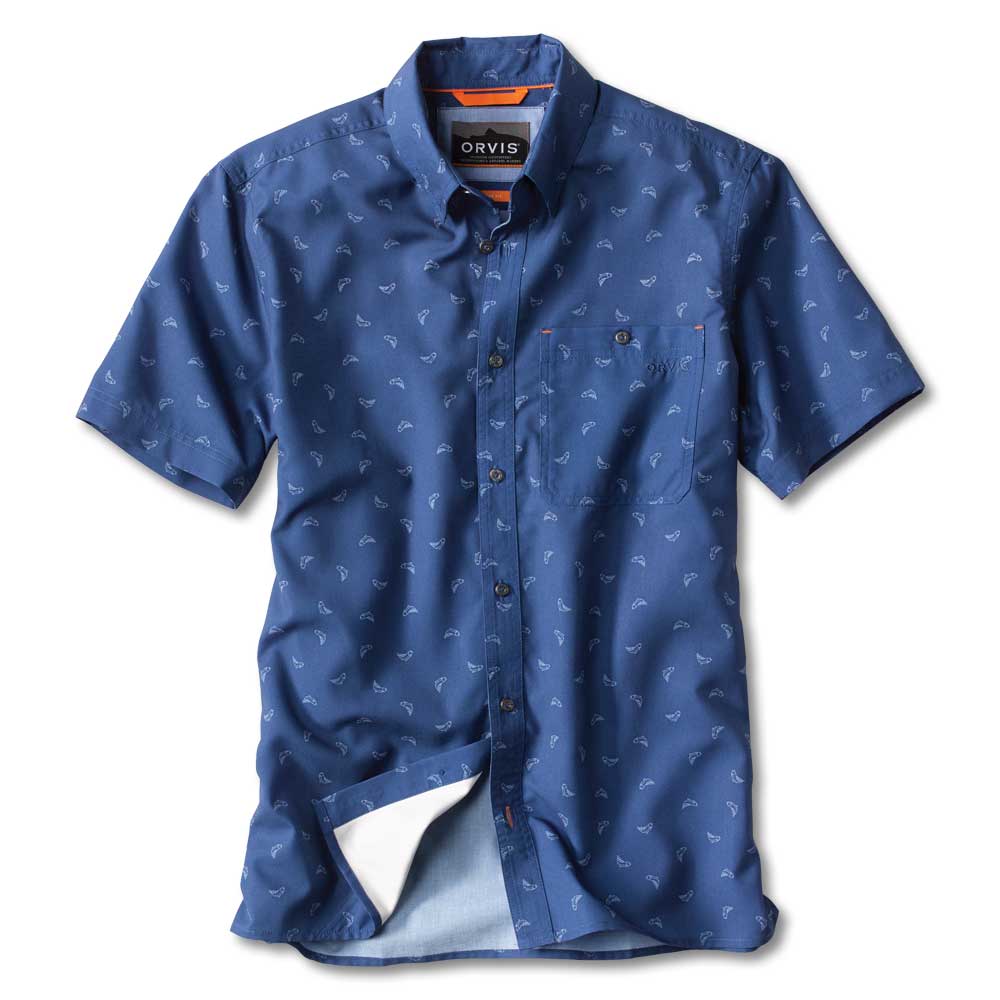 Orvis Printed Tech Chambray Short Sleeved Shirt-Men's Clothing-Blue-M-Kevin's Fine Outdoor Gear & Apparel