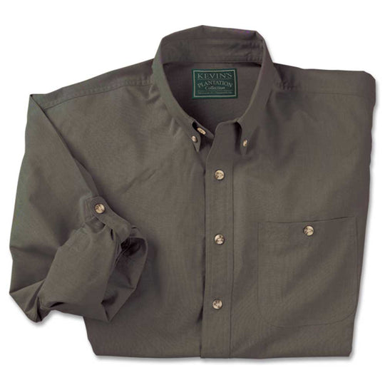 Olive green long-sleeve field shirt in cotton poplin with horn buttons, chest pocket, and sleeve roll-tabs.