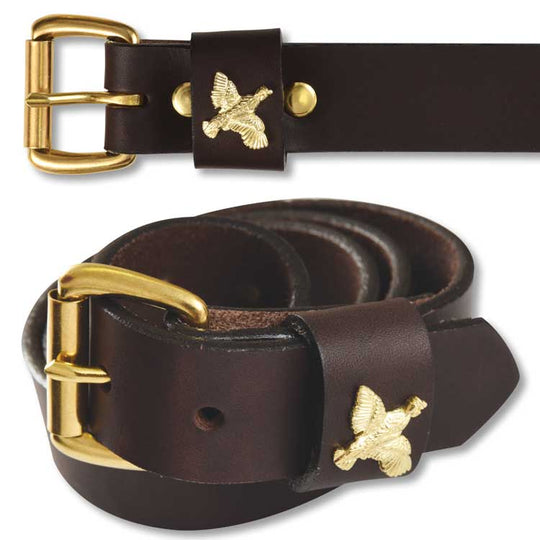 Dark brown bridle leather belt featuring a brass buckle and a decorative brass quail emblem on the leather keeper.