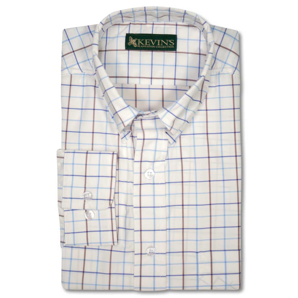 Kevin's Tattersall Long Sleeve Performance Dress Shirt-Men's Clothing-BLUE/BROWN TATTERSALL-S-Kevin's Fine Outdoor Gear & Apparel