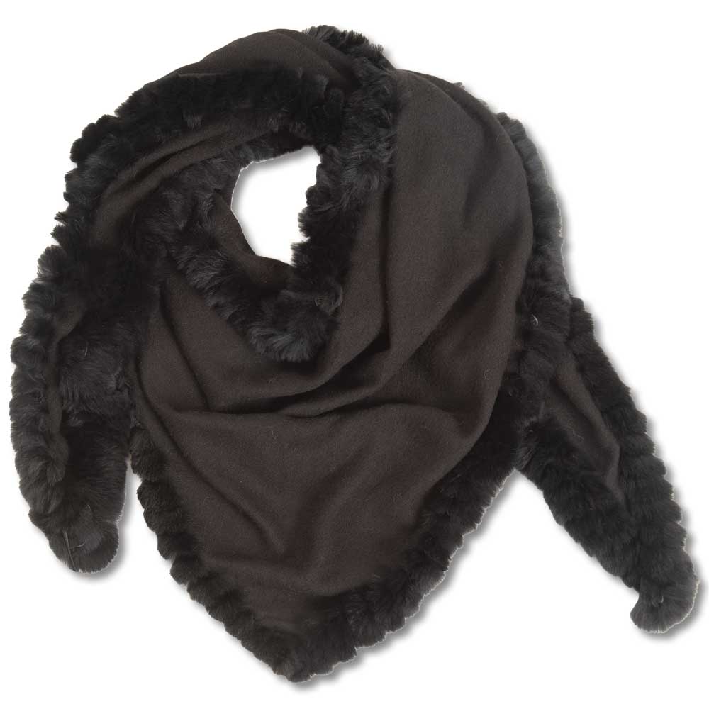 Women's Triangle Scarf Trimmed W/ Whipstiched Rex Rabbit-Women's Accessories-Black-Kevin's Fine Outdoor Gear & Apparel
