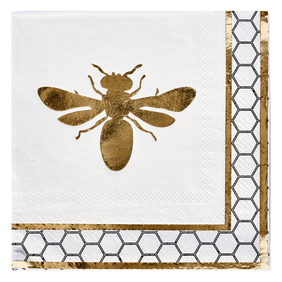 Honeybee Paper Cocktail Napkin 20 PK-HOME/GIFTWARE-Black & White / Gold Foil-Kevin's Fine Outdoor Gear & Apparel