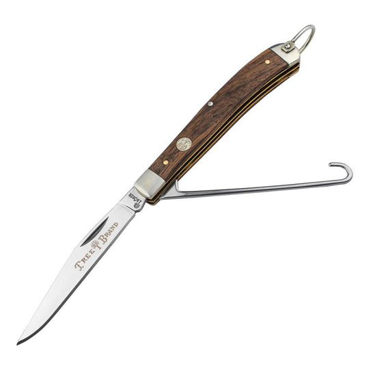 Boker Bird Knife with rosewood handle, nickel silver bolsters, D2 steel clip blade, and gut hook.
