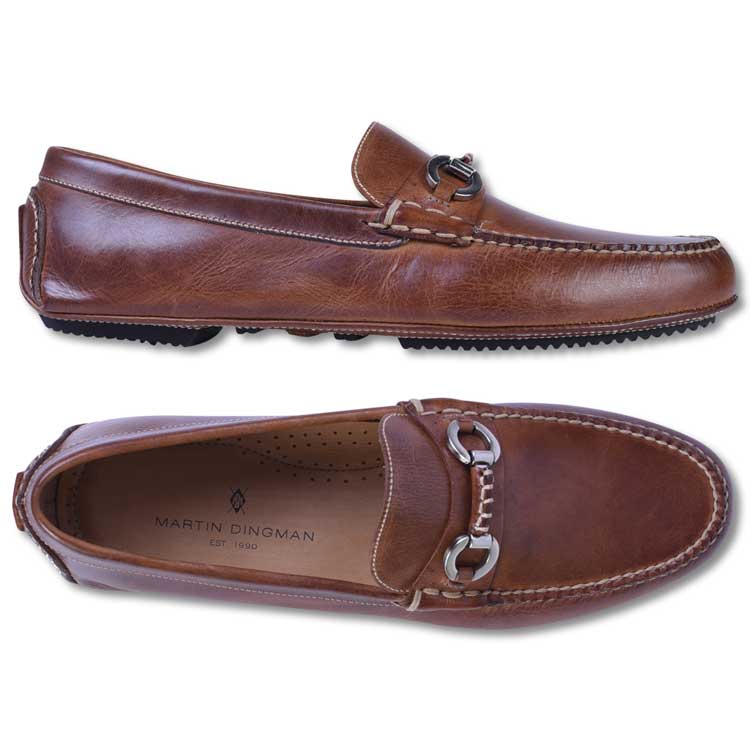 Martin Dingman Old Row cigar oiled leather driver loafers with a brushed nickel horse bit and rubber driving sole.
