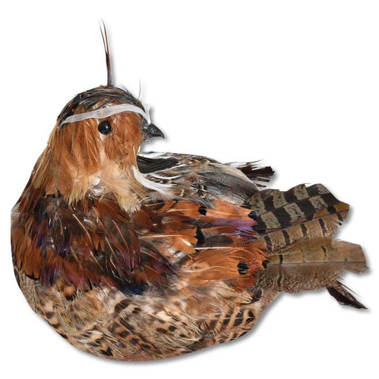 Realistic 7-inch feathered quail figurine with brown and green plumage and detailed wing patterns for holiday decor.