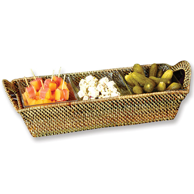 Wicker Rectangular Tray with 3 Square Glass Dishes