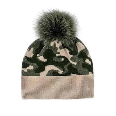 Knitted Hat with Fox Pom Poms-Women's Accessories-Khaki / Beige Camo-Kevin's Fine Outdoor Gear & Apparel