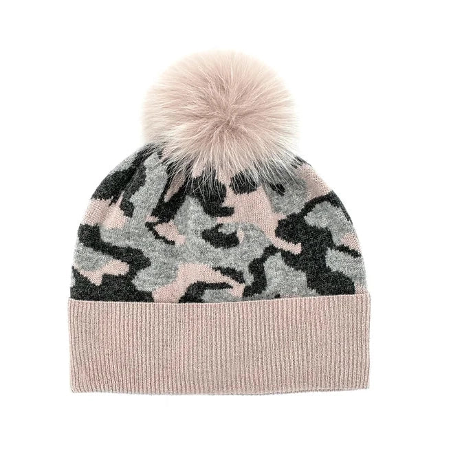 Knitted Hat with Fox Pom Poms-Women's Accessories-Charcoal / Dusty Pink and Grey Camo-Kevin's Fine Outdoor Gear & Apparel
