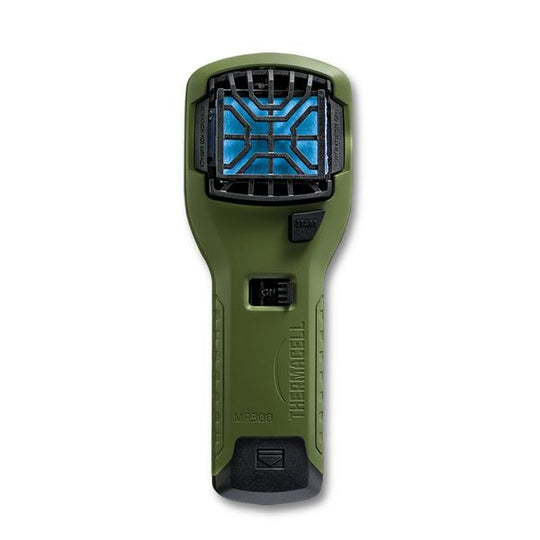Olive green Thermacell MR300 portable mosquito repeller with a black grill and start button on a white background.