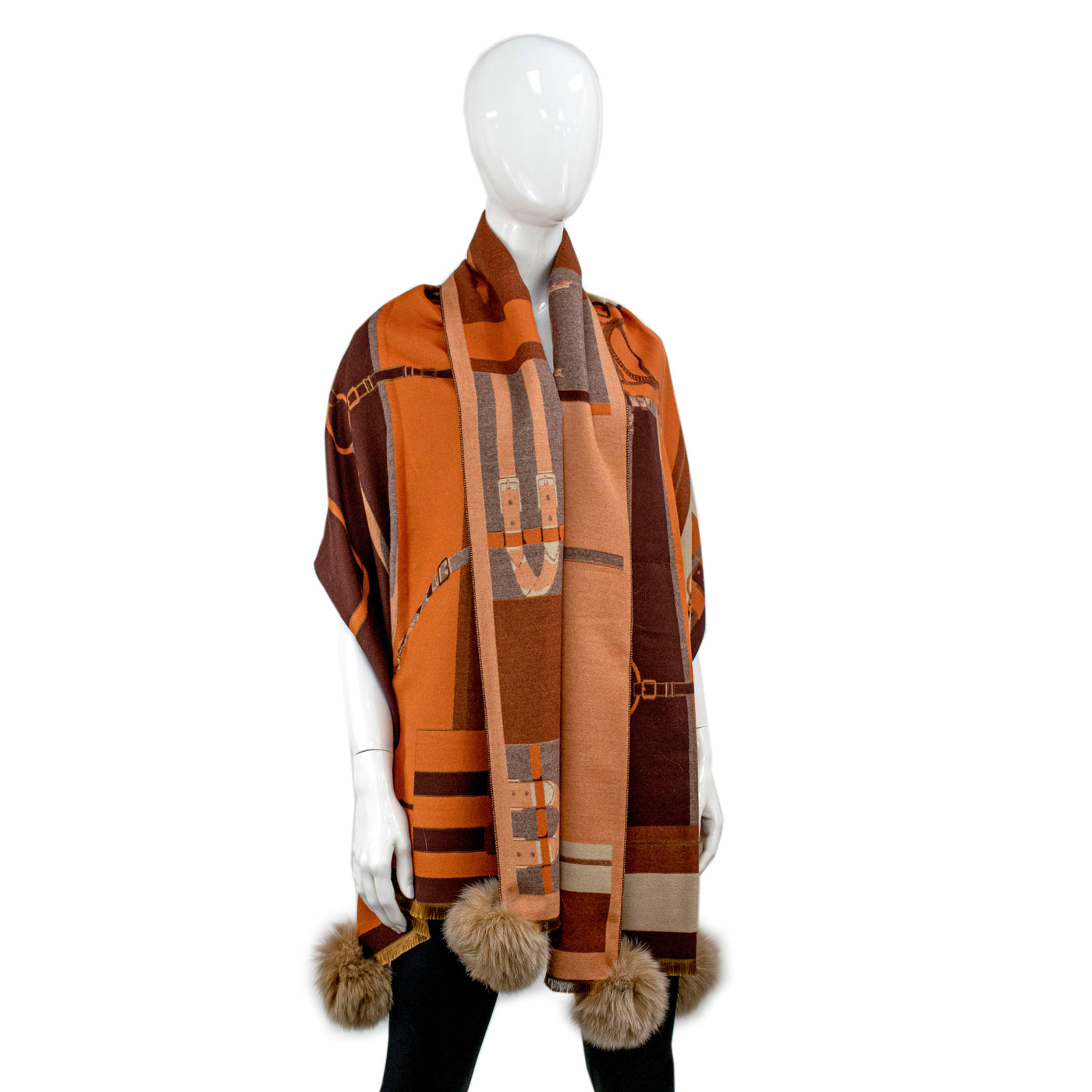 Wide Woven Scarf with Fox Pom Poms-Women's Accessories-Orange / Brown-Kevin's Fine Outdoor Gear & Apparel